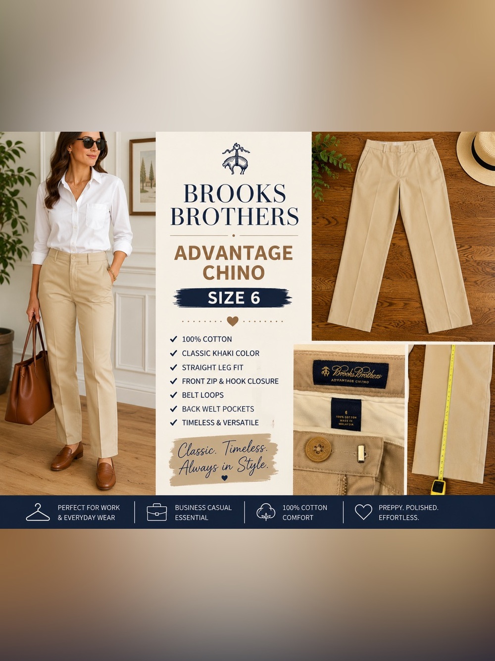 Brooks Brothers Advantage Chino Pants Women’s Size 6 Khaki 100% Cotton